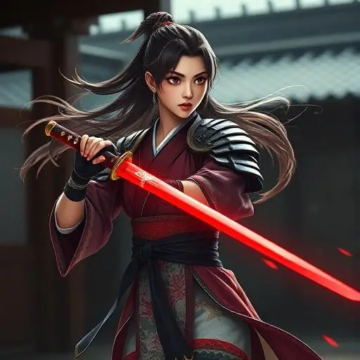 Gaming character design with detailed armor and weapon aesthetics